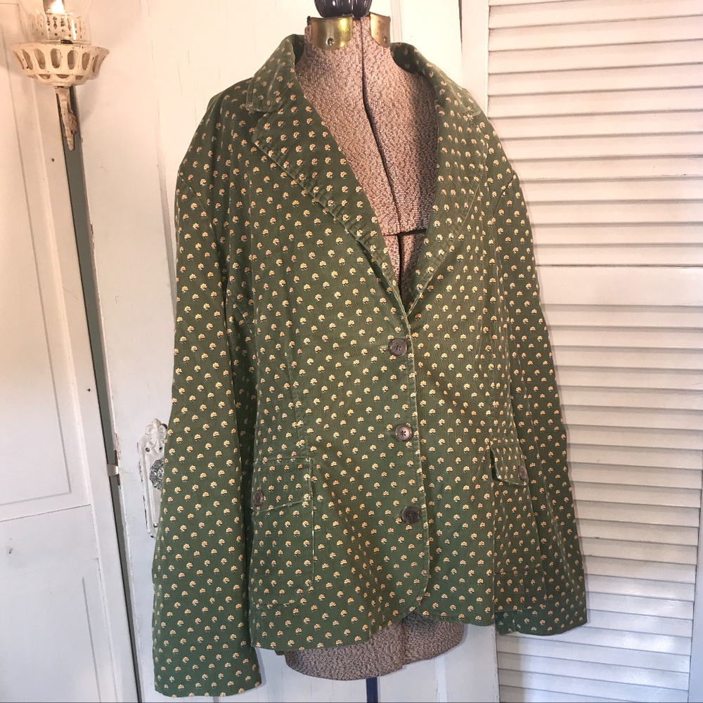 Lands' End green floral corduroy blazer jacket 24W